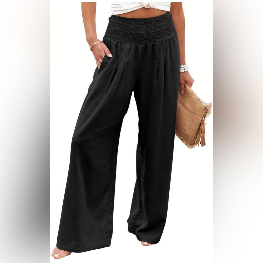High Waisted Black Linen Palazzo Wide-Leg Pants, Size XL
